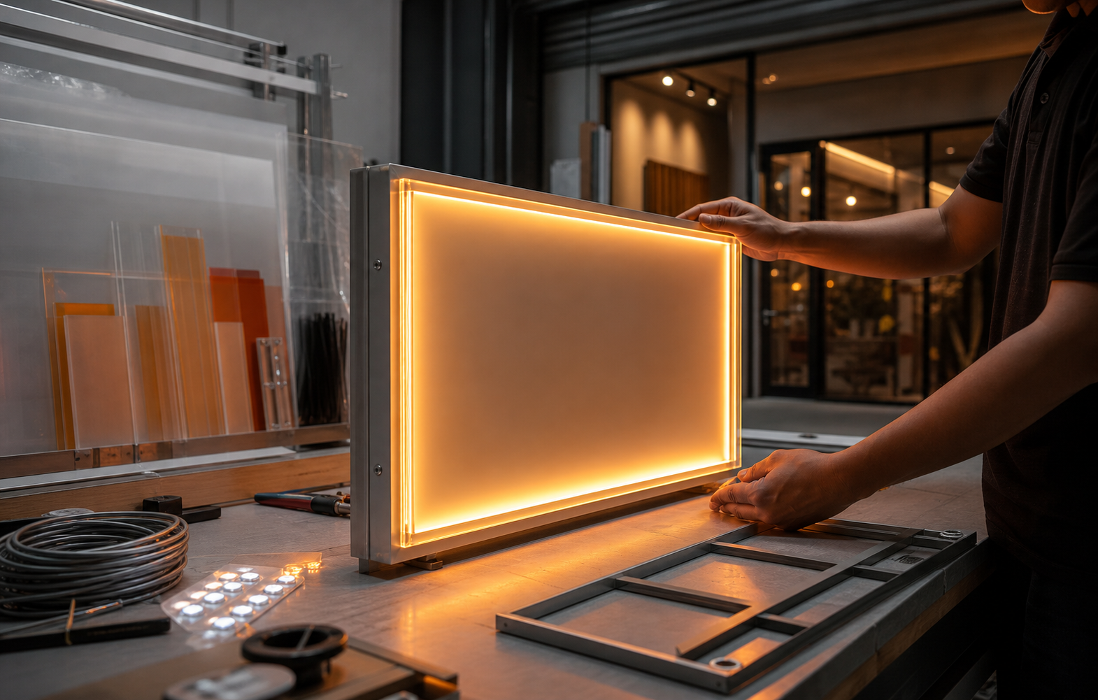 Neon box akrilik menyala sedang dicek di workshop sebelum pemasangan