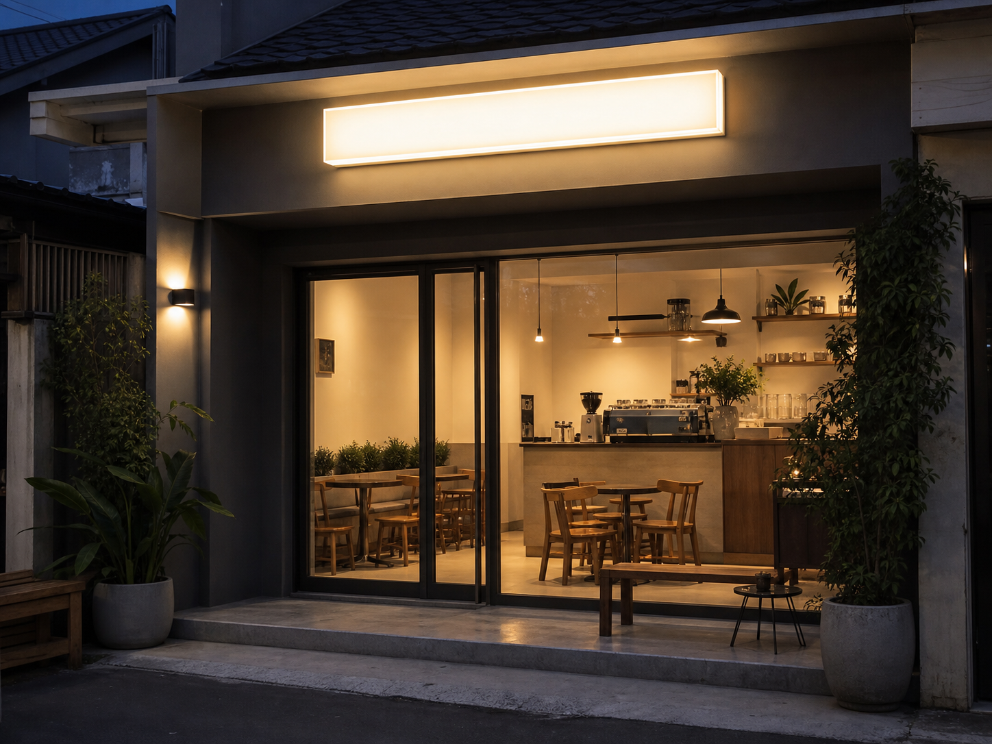 Fasad cafe dengan neon box akrilik warm white di atas pintu masuk