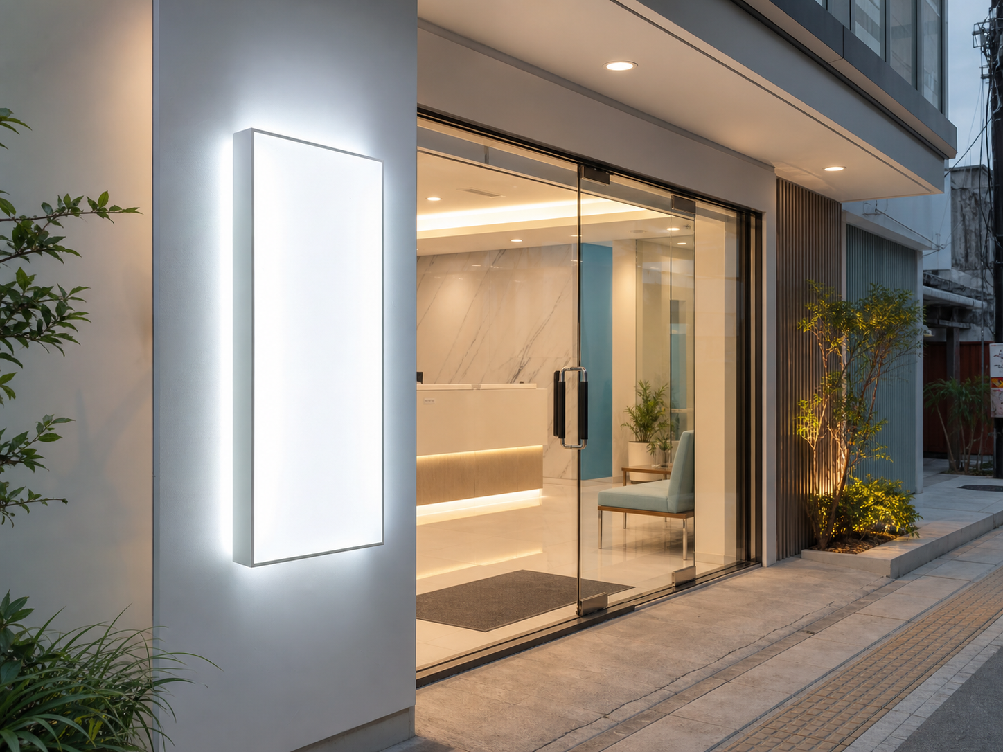 Papan nama klinik outdoor dengan panel LED cool white di dekat pintu masuk